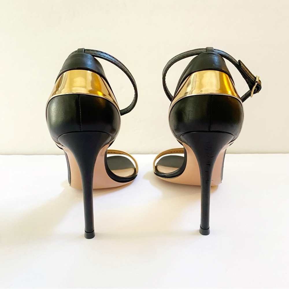 GIANVITO ROSSI BLACK GOLD LEATHER ANKLE STRAP OPEN TOE STILETTO HIGH HEELS - Picture 4 of 9